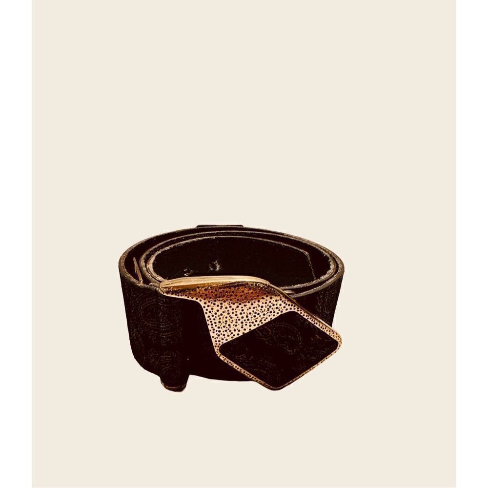 Vintage MZ 80s Black Gold Buckle Genuine Suede Leather Belt Retro Disco Made USA